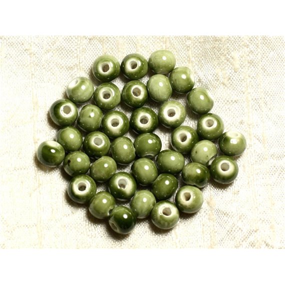 10pc - Perles Porcelaine Céramique Vert Kaki Boules 8mm   4558550009470