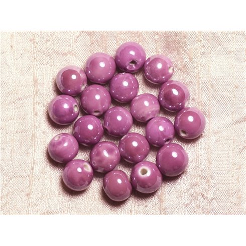 10pc - Perles Porcelaine Céramique Boules 12mm Rose Mauve - 4558550009555 