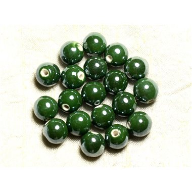 10pc - Perles Porcelaine Ceramique Boules 12mm Vert Olive Sapin Kaki irisé - 4558550009593