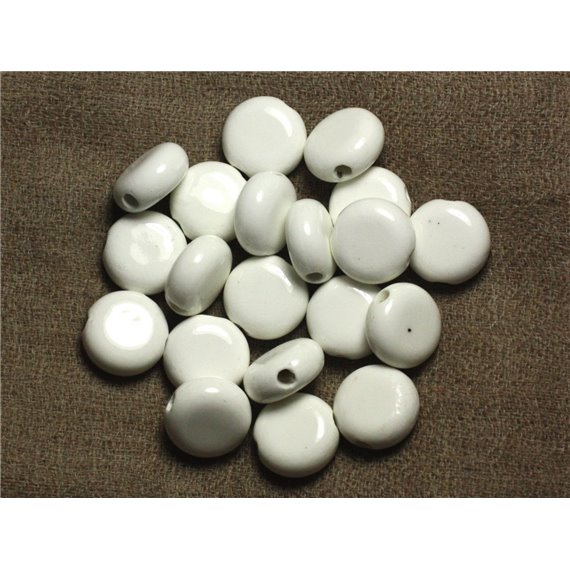 5pc - Perles Porcelaine Céramique Ronds Palets 15mm Blanc - 7427039732338