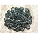 2pc - Perles rondelles 11mm gros trous - Métal Argenté Rhodium et Strass Verre Bleu Turquoise -  4558550009968 