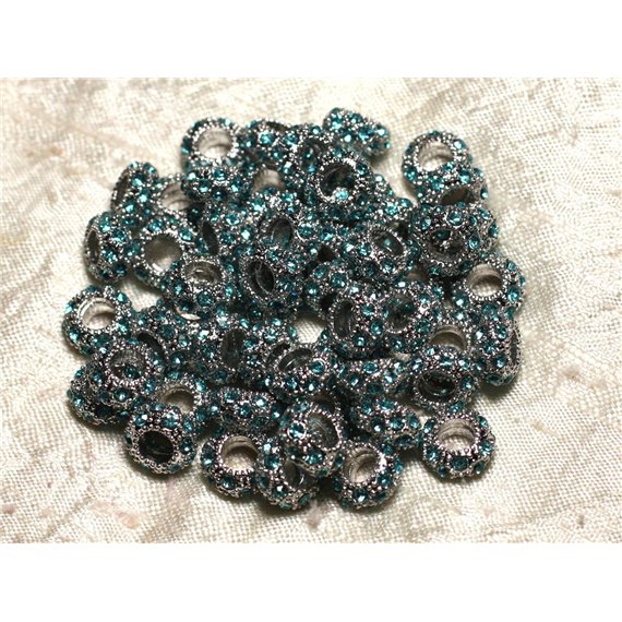 2pc - Perles rondelles 11mm gros trous - Métal Argenté Rhodium et Strass Verre Bleu Turquoise -  4558550009968 