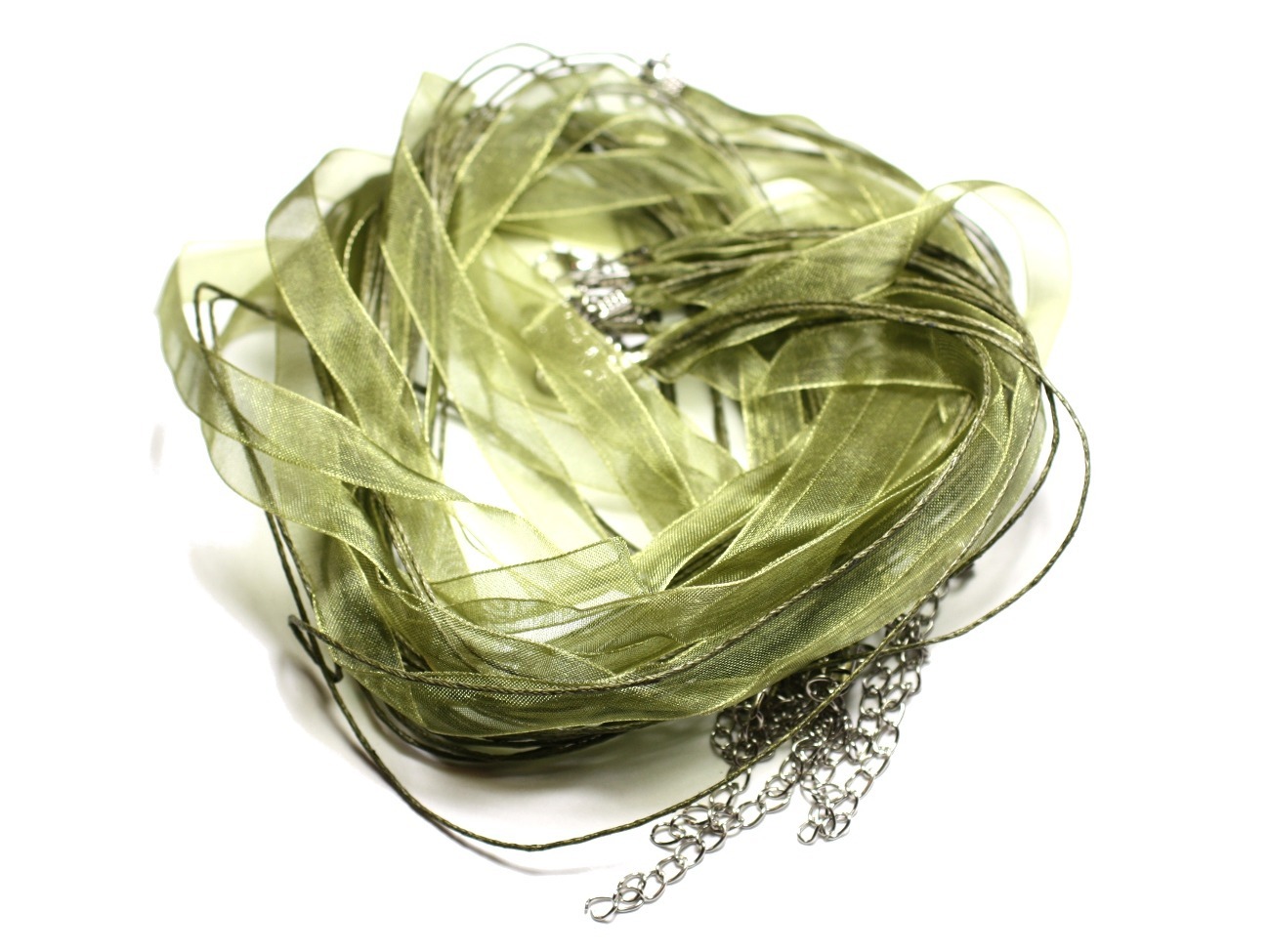10pc - Colliers Tours de cou Organza et Coton Vert Kaki   4558550010049 