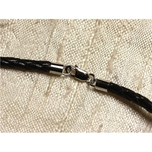 1pc - Collier Tour de cou Argent 925 Cuir Noir Tressé 3mm 4558550010278