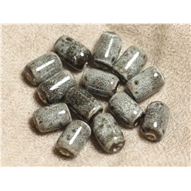 10pc - Gray and Green Ceramic Beads Barrels 12x9mm 4558550012388