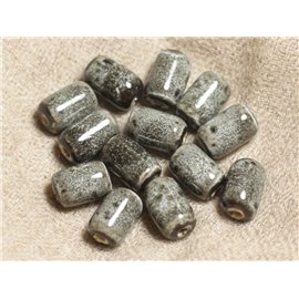 10pc - Perles Porcelaine Ceramique Tubes Tonneaux Cylindres 12x9mm gris noir vert kaki - 4558550012388