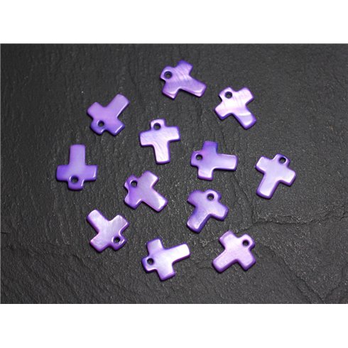 10pc - Perles Breloques Pendentifs Nacre Croix 12mm Violet  4558550015440