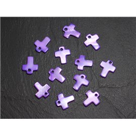 10Stk - Perlen Charms Anhänger Perlmutt Kreuz 12mm Dunkellila - 4558550015440