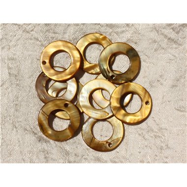 10pc - Breloques Pendentifs Nacre Cercles 25mm Marron Doré   4558550016867