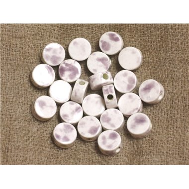 10pc - Perles Céramique Porcelaine Palets Ronds plats 8mm Blanc Violet Mauve - 4558550019134