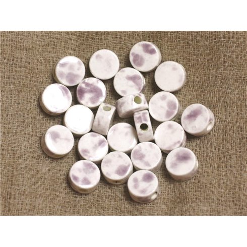 10pc - Perles Céramique Porcelaine Blanc et Mauve 8x4mm   4558550019134