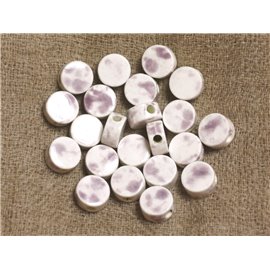 10pc - White and Purple Porcelain Ceramic Beads 8x4mm 4558550019134