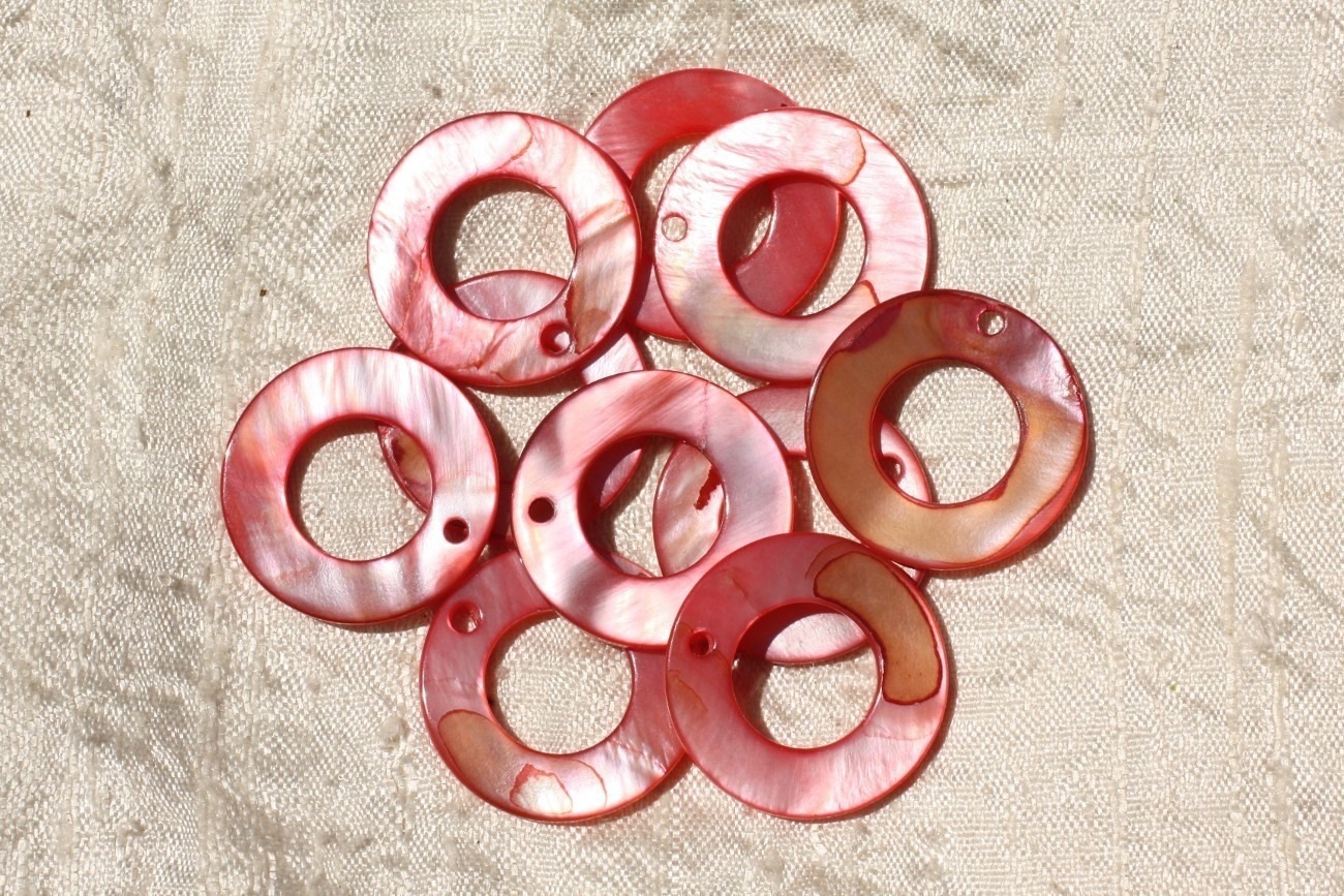 10pc - Perles Breloques Pendentifs Nacre Donuts Cercles 25mm rouge rose corail peche - 4558550019196