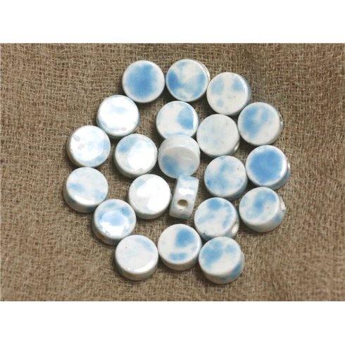 10pc - Perles Porcelaine Céramique Blanc et Bleu Palets 8x4mm   4558550021526