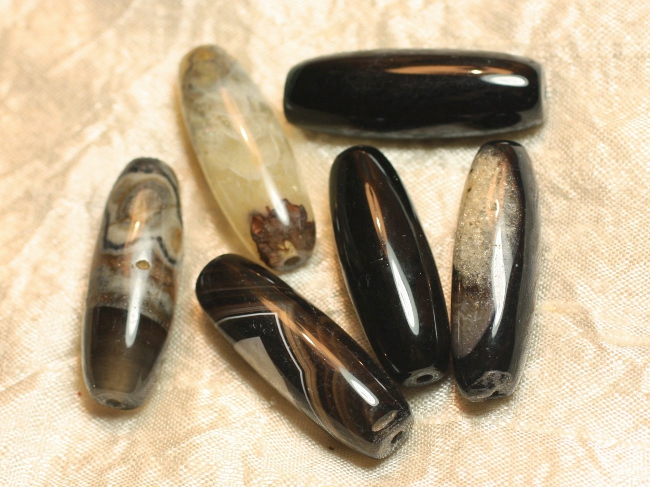 1pc - Perle de Pierre - Onyx Noir et Quartz Olives Fuseaux 40x13mm -   4558550021687 