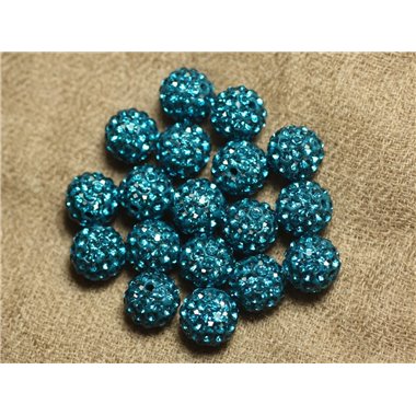 10pc - Perle Polymère et Strass Verre 10mm Bleu Vert   4558550022608 