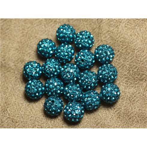 10pc - Perle Polymère et Strass Verre 10mm Bleu Vert   4558550022608 