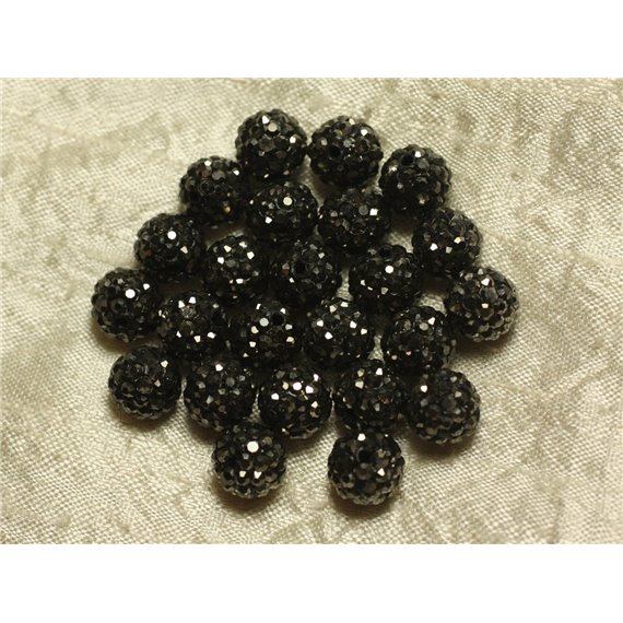 10pc - Perle Polymère et Strass Verre 10mm Noir et Argenté   4558550022851 