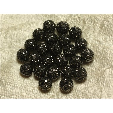 8pc - Perle Polymère et Strass Verre 10mm Noir Argenté - 4558550022851