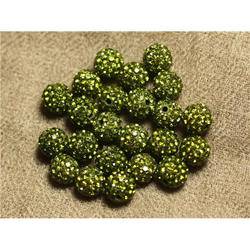 10pc - Perle Polymère et Strass Verre 10mm Vert Olive   4558550022936 