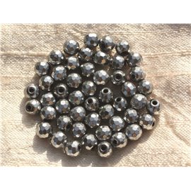 10pc - Stone Beads - Rhodium plated Hematite Faceted Balls 6mm 4558550006592 