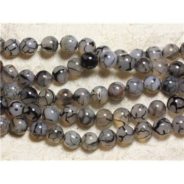 10pc - Perles de Pierre - Agate Boules 10mm Veine de Dragon Gris et Noir craquelé - 4558550024558