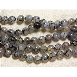10pc - Perles de Pierre - Agate Boules 10mm Veine de Dragon Gris et Noir craquelé - 4558550024558