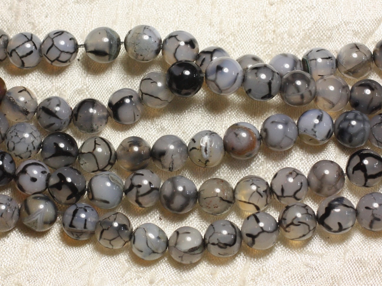 10pc - Perles de Pierre - Agate Boules 10mm Veine de Dragon Gris et Noir craquelé - 4558550024558
