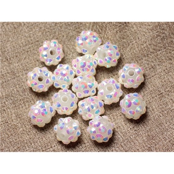 10pc - Perles Shamballas Résine 10x8mm Blanc et Multicolore   4558550029256