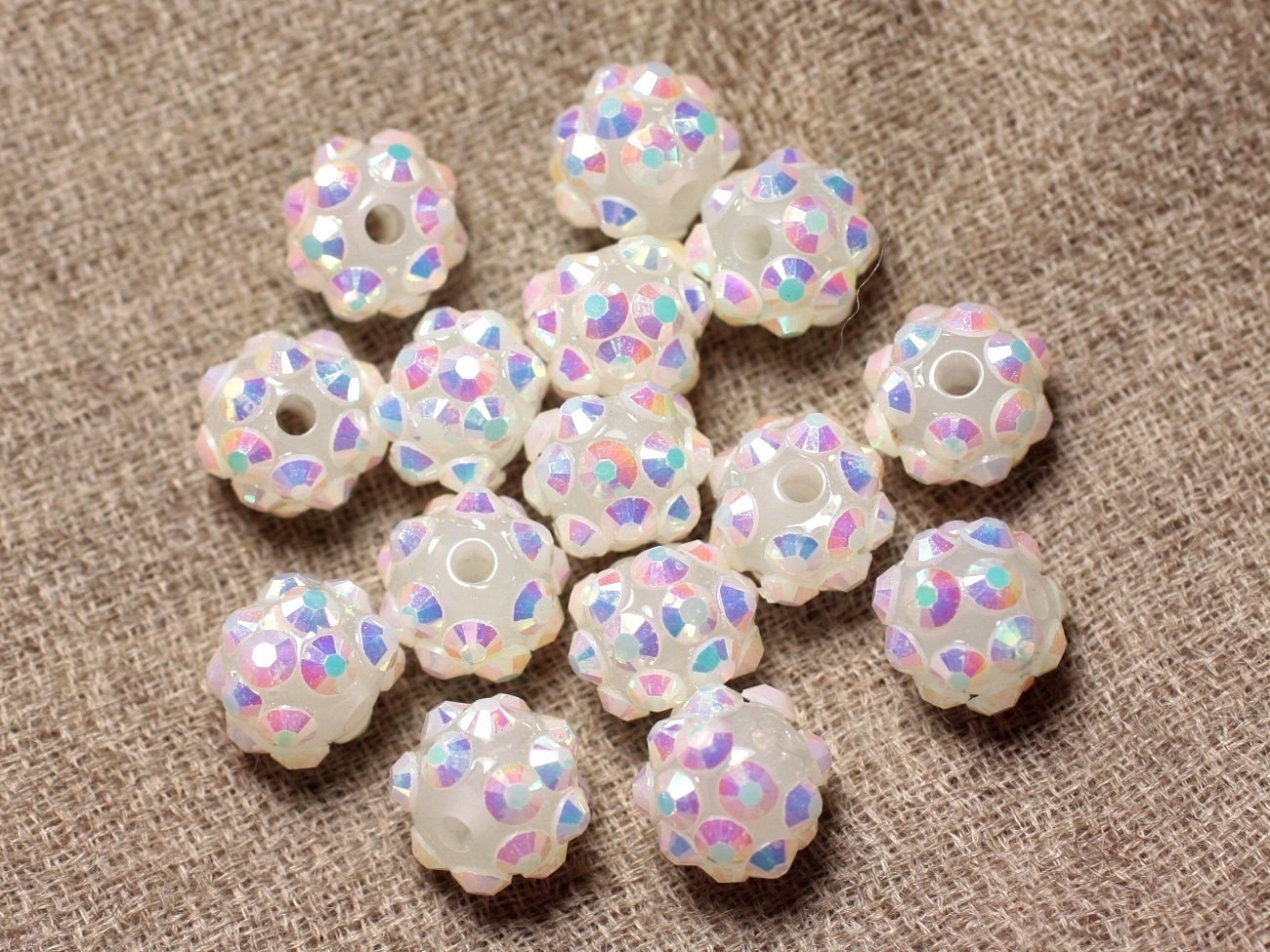 10pc - Perles Shamballas Résine 10x8mm Blanc et Multicolore   4558550029256