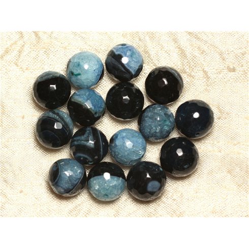 2pc - Perles Pierre - Agate Quartz Boules Facettées 14mm Noir Bleu Turquoise - 4558550029836