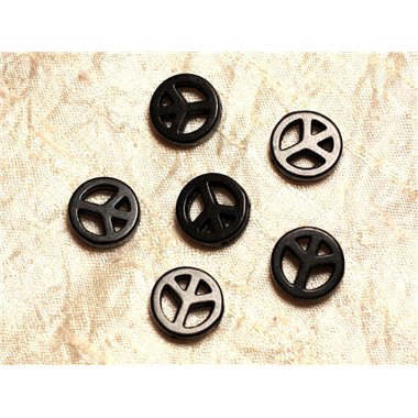 10pc - Perles Pierre Turquoise synthèse Rond Rondelle Cercle Peace and Love 15mm Noir - 4558550032157