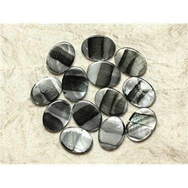 5pc - Perles de Nacre Ovales 20x15mm Noires Argentées Zébrées  4558550032690