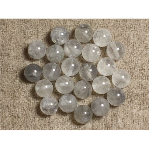 5pc - Perles Pierre - Cristal de Roche Quartz blanc gris Boules 10mm - 7427039736442