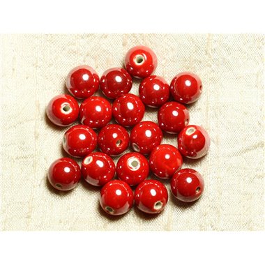 50pc - Perles Céramique Porcelaine Boules 14mm Rouge vif irisé 