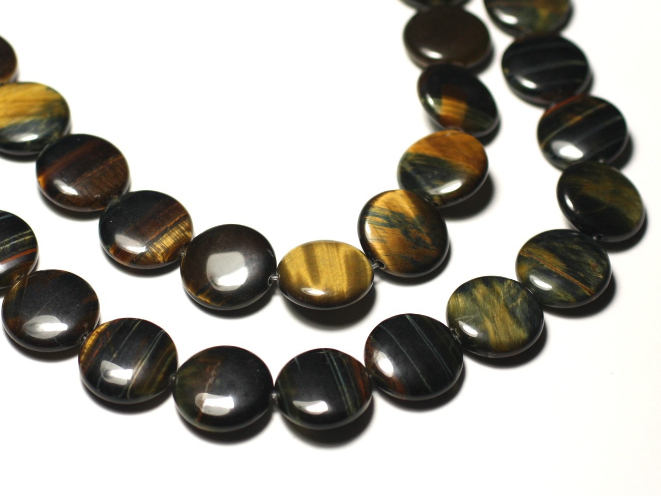 Fil 39cm 25pc env - Perles de Pierre - Oeil de Tigre et Faucon Palets 16mm 