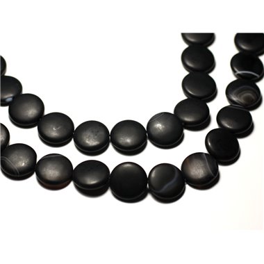 Fil 39cm 25pc env - Perles de Pierre - Onyx noir mat sablé givré Palets 16mm 