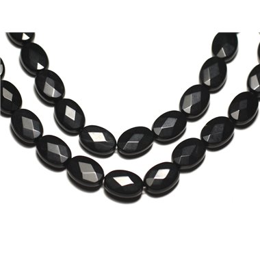 Fil 39cm 32pc env - Perles de Pierre - Onyx noir mat sablé givré Ovales Facettés 14x10mm 