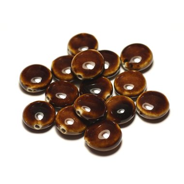 50pc - Perles Céramique Porcelaine Palets 16mm Marron Café Ocre 