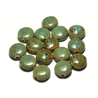 50pc - Perles Céramique Porcelaine Palets 16mm Bleu Turquoise Vert Jaune Ocre Tacheté 