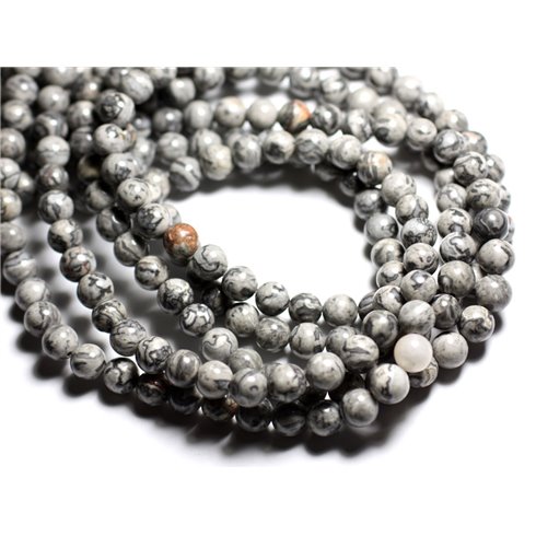 Fil 39cm 60pc env - Perles Pierre - Jaspe Paysage Boules 6mm Gris Noir