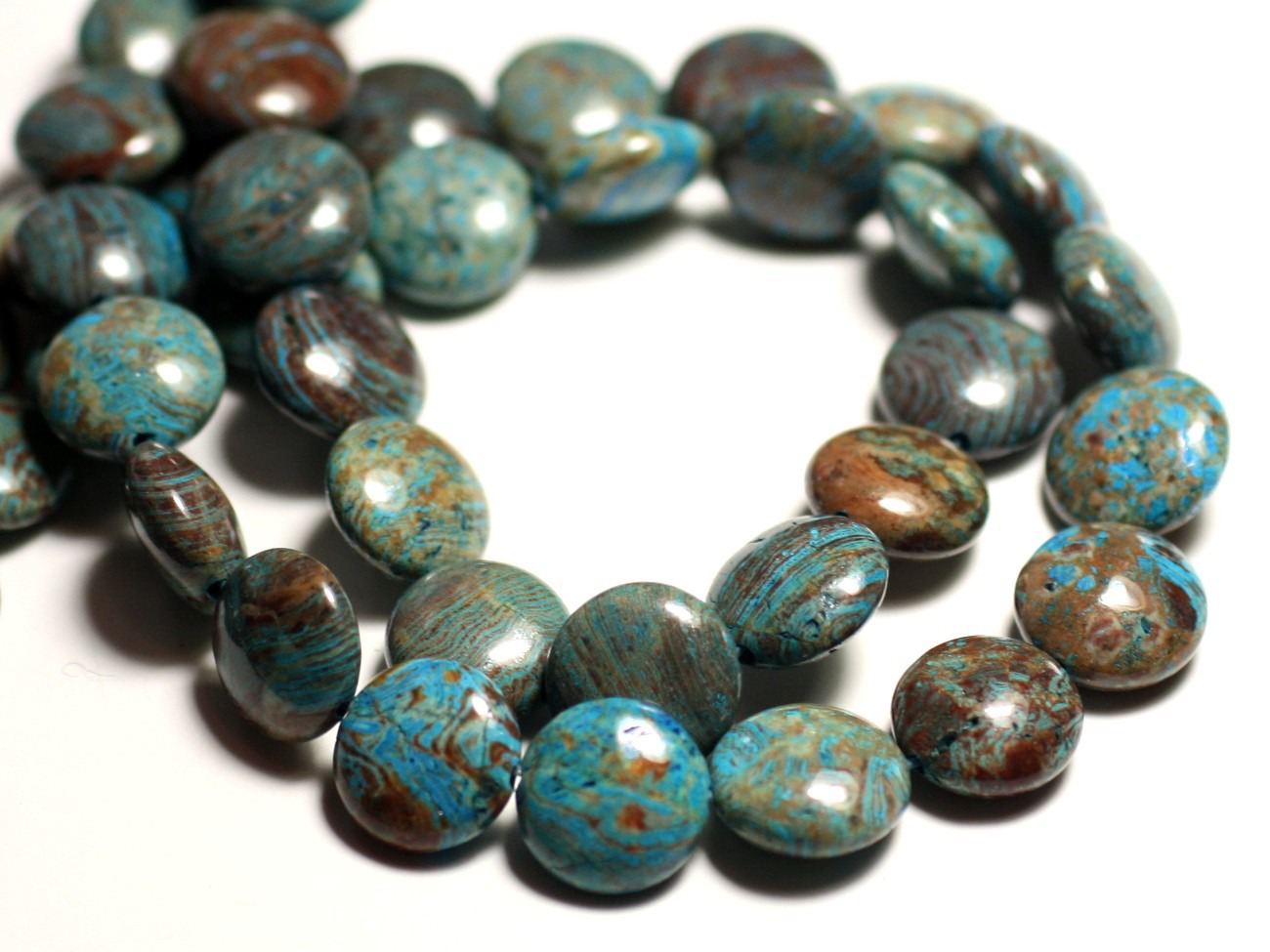 Fil 39cm 32pc env - Perles de Pierre - Jaspe Paysage Automne Bleu Turquoise Palets 12mm 