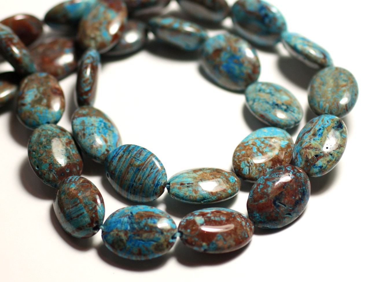 Fil 39cm 22pc env - Perles de Pierre - Jaspe Paysage Automne Bleu Turquoise Ovales 18x13mm 