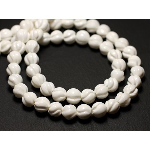 Fil 39cm 50pc env - Perles de Nacre blanche Boules 8mm gravées spirale swirl 