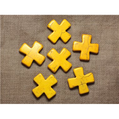 Fil 39cm 12pc env - Perles de Pierre Turquoise Synthèse Croix 30mm Jaune 