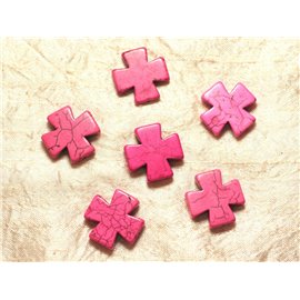 Hilo 39cm aprox 14pc - Cuentas de piedra turquesa sintética Cruz 25mm Rosa neón 