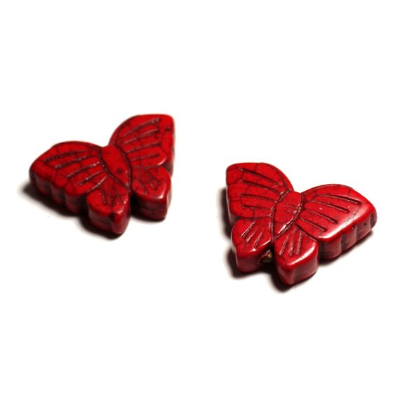 Fil 39cm 14pc env - Perles de Pierre Turquoise Synthèse Papillons 26mm Rouge 