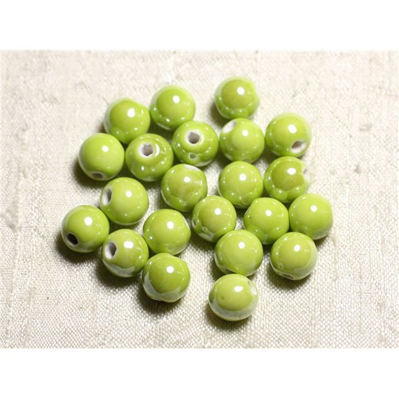 100pc - Perles Ceramique Porcelaine Boules 10mm Jaune Vert Citron Anis