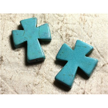 Fil 39cm 11pc env - Perles de Pierre Turquoise Synthèse Croix 35x30mm Bleu Turquoise