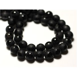 Thread 39cm approx 47pc - Stone Beads - Frosted matte black onyx Shiny butterflies 8mm balls 